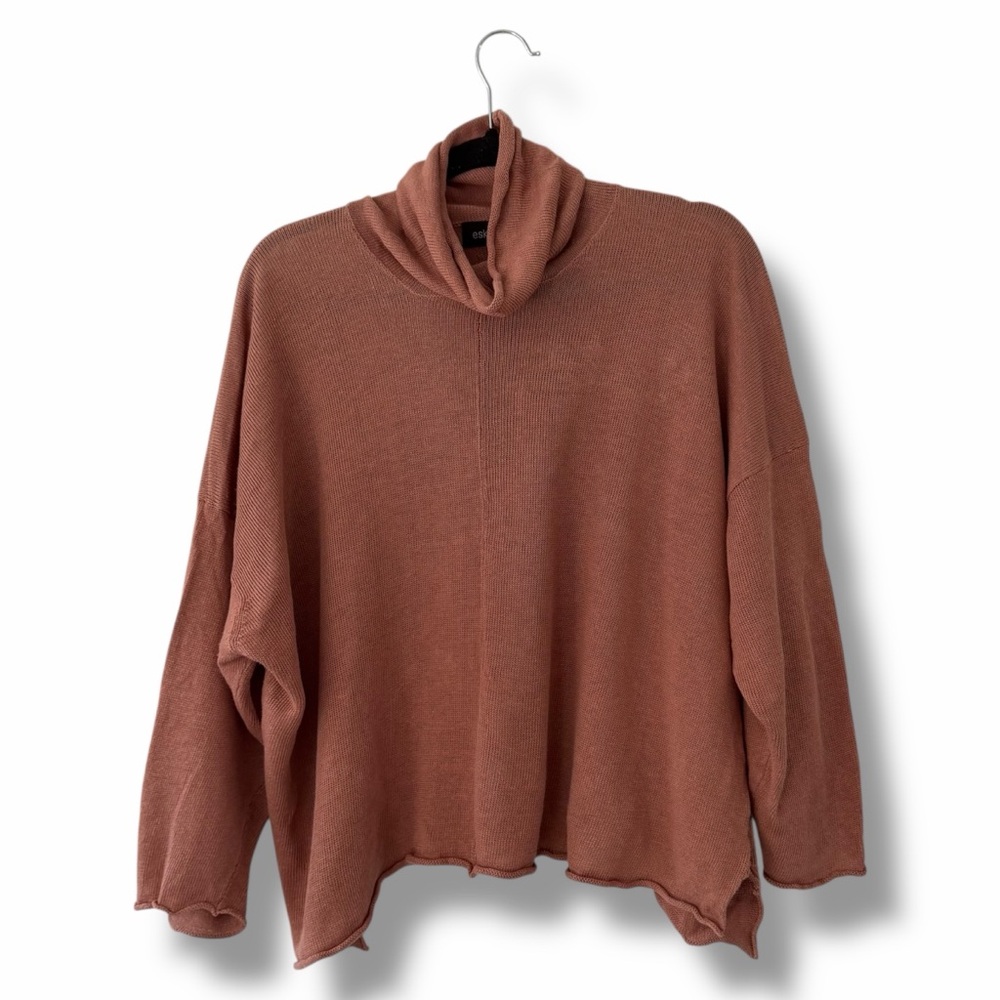 Eskandar Rust Linen Cowl Neck Lightweight Boxy Sweater Coastal Minimalist OS